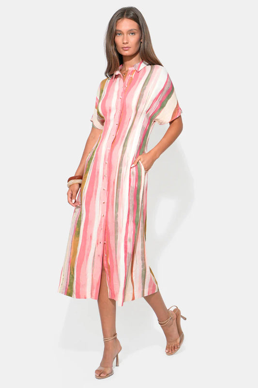 Heidi Button Up Pleated Stripe Midi Dress - Red/Natural