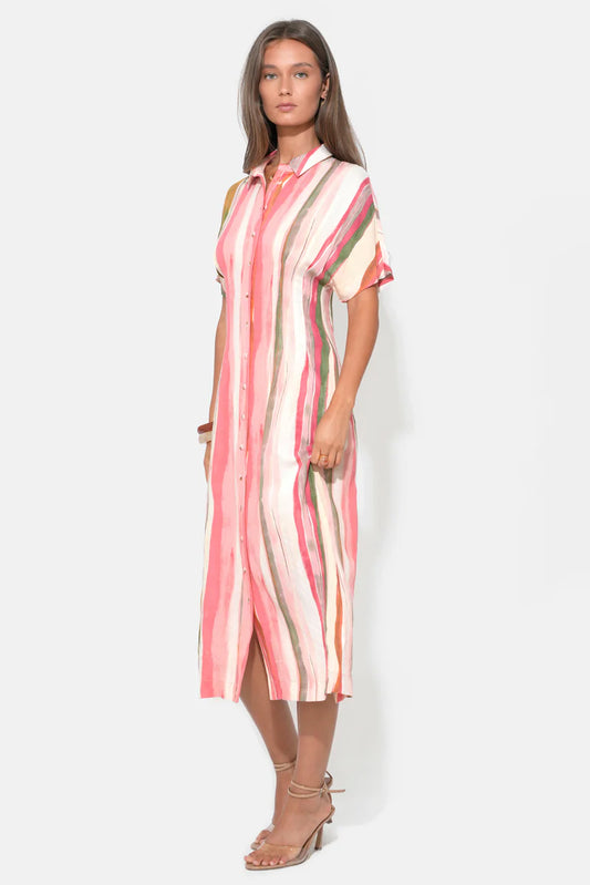 Heidi Button Up Pleated Stripe Midi Dress - Red/Natural
