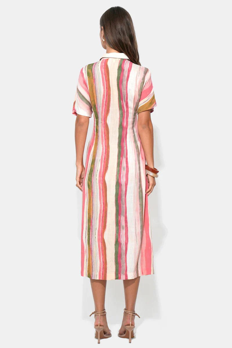 Heidi Button Up Pleated Stripe Midi Dress - Red/Natural