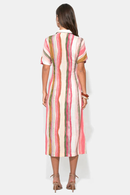 Heidi Button Up Pleated Stripe Midi Dress - Red/Natural