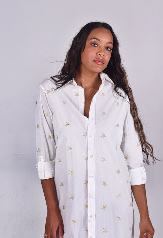 White & Gold Star Mini Dress - White/Gold - BAY WINDOW