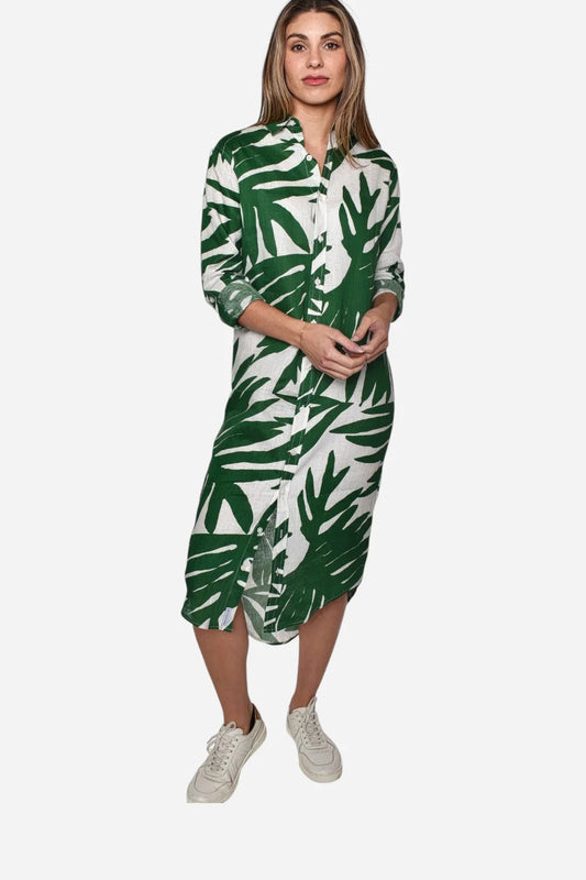 Green Leaf Print Linen Girlfriend Midi Dress - BAY WINDOW