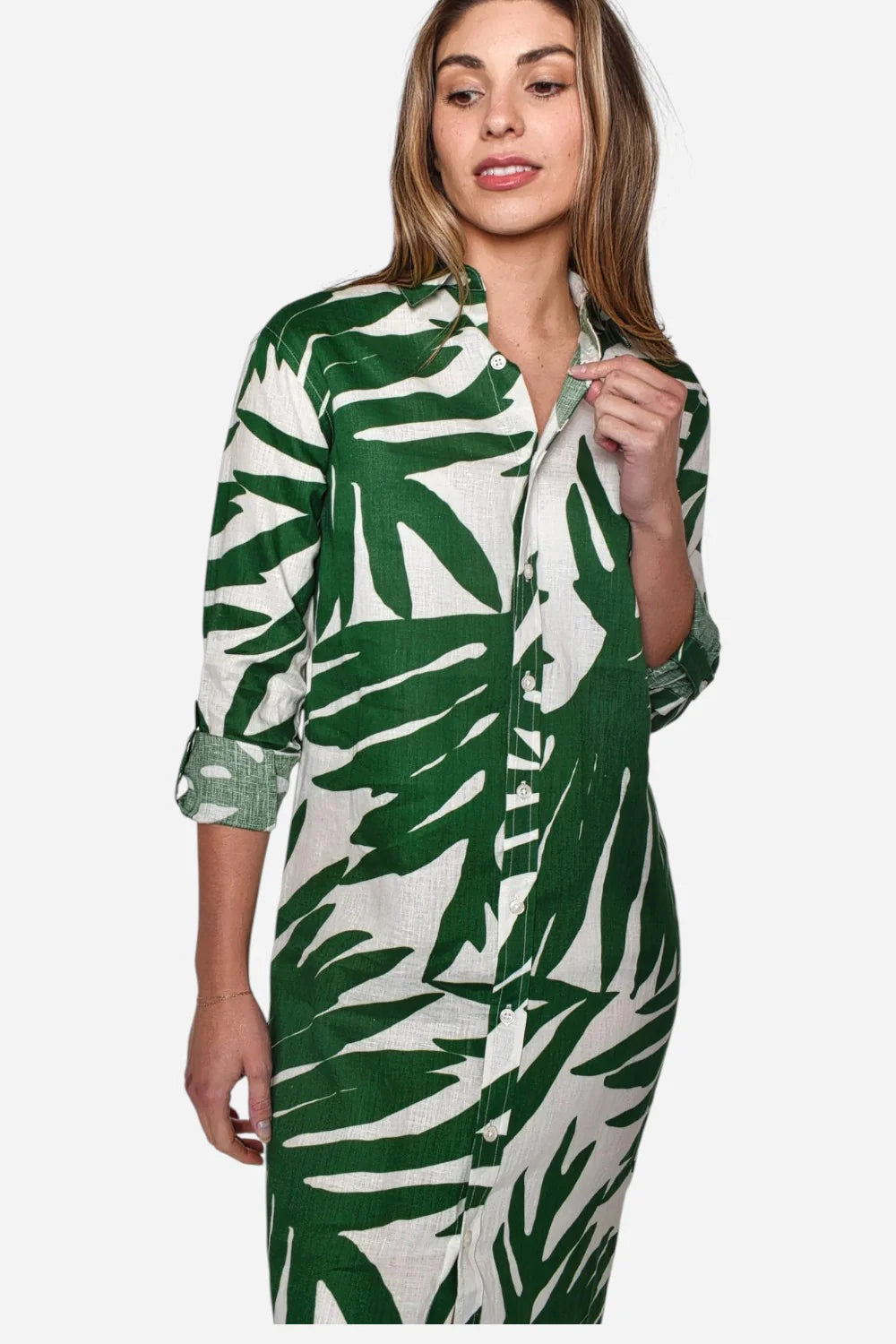 Green Leaf Print Linen Girlfriend Midi Dress - BAY WINDOW