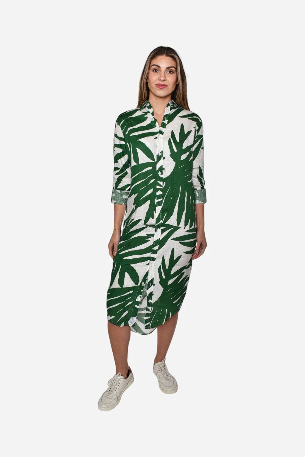 Green Leaf Print Linen Girlfriend Midi Dress - BAY WINDOW