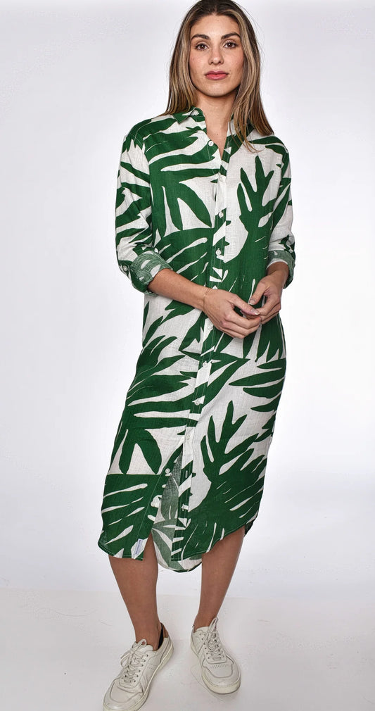 Green Leaf Print Midi Dress - Navy - BAY WINDOW