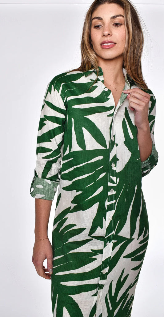 Green Leaf Print Midi Dress - Navy - BAY WINDOW