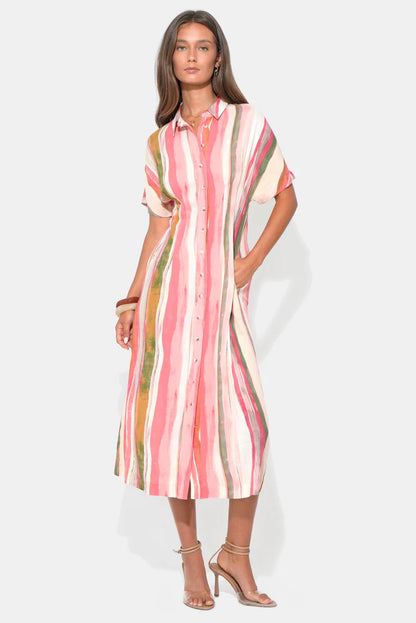 Heidi Button Up Pleated Stripe Midi Dress