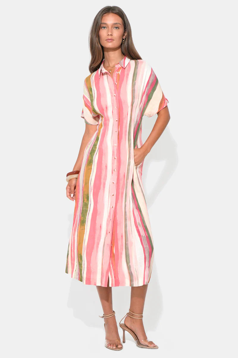 Heidi Button Up Pleated Stripe Midi Dress