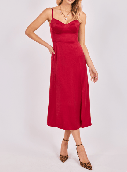 Romy Satin Bustier Bodice Midi Dress - Red