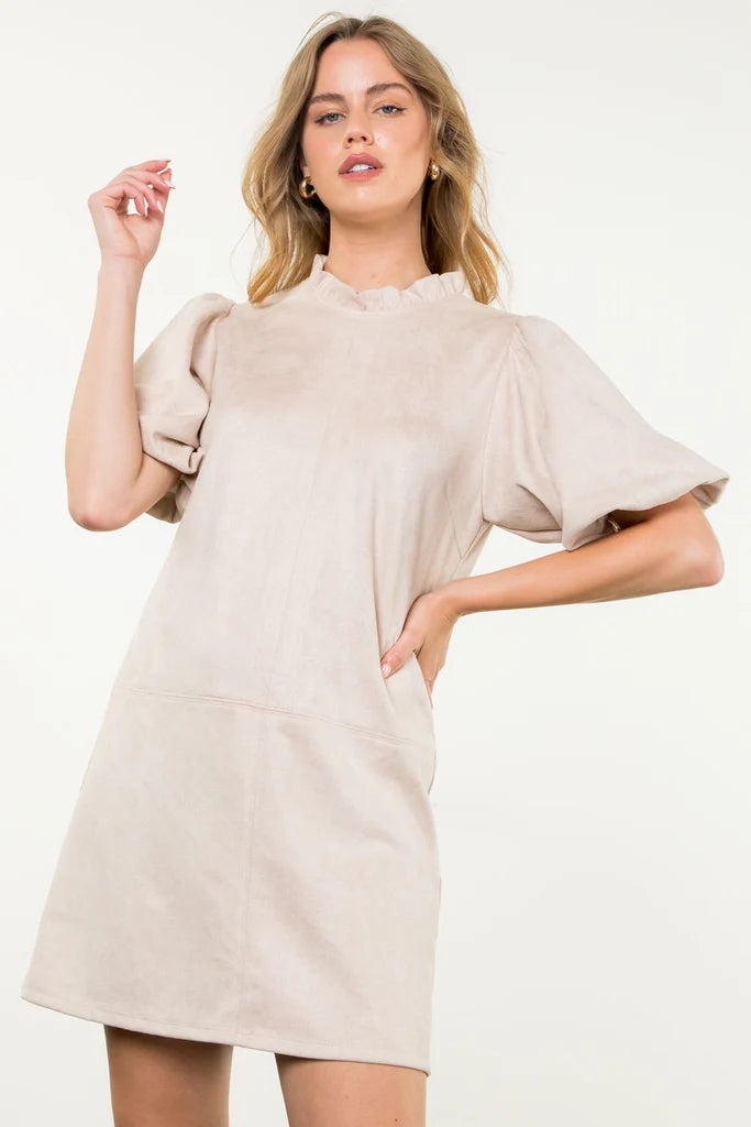 Puff Sleeve Suede Dress in Cream