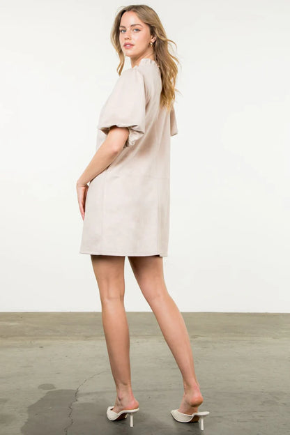 Puff Sleeve Suede Dress in Cream