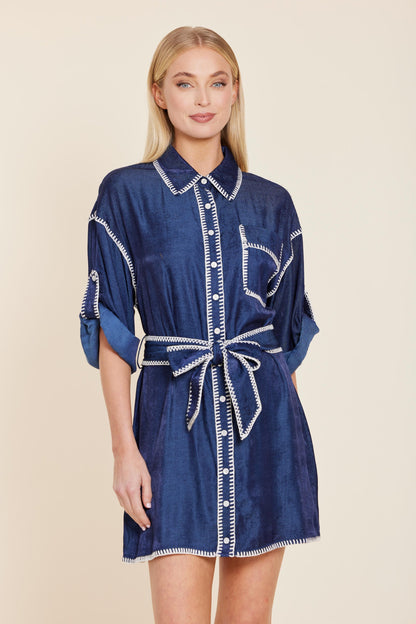 Whipstitch Detailed Belted Dress - Navy/White