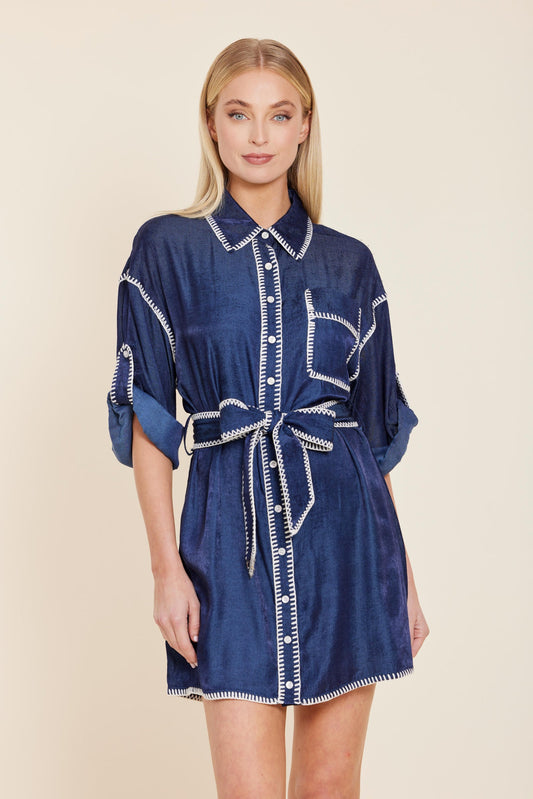 Whipstitch Detailed Belted Dress - Navy/White
