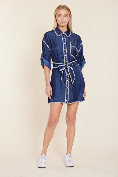 Whipstitch Detailed Belted Dress - Navy/White