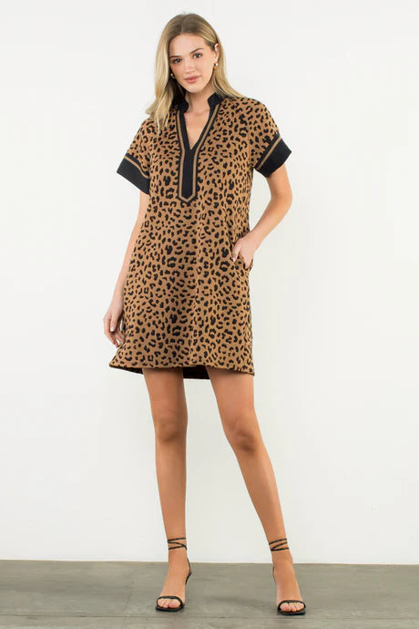 Short Sleeve Cheetah Print Dress - BAY WINDOW