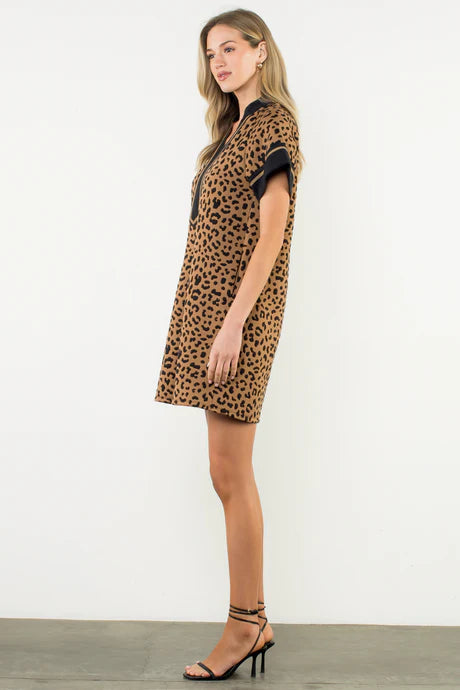 Short Sleeve Cheetah Print Dress - BAY WINDOW
