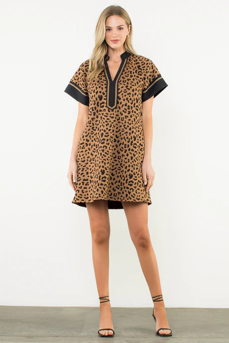 Short Sleeve Cheetah Print Dress - BAY WINDOW