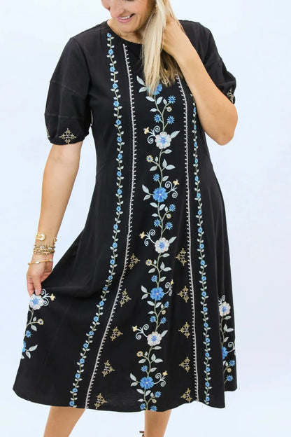 Jaanvi Bubble Sleeve Seamed Dress - Black - BAY WINDOW