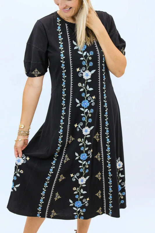 Jaanvi Bubble Sleeve Seamed Dress - Black - BAY WINDOW