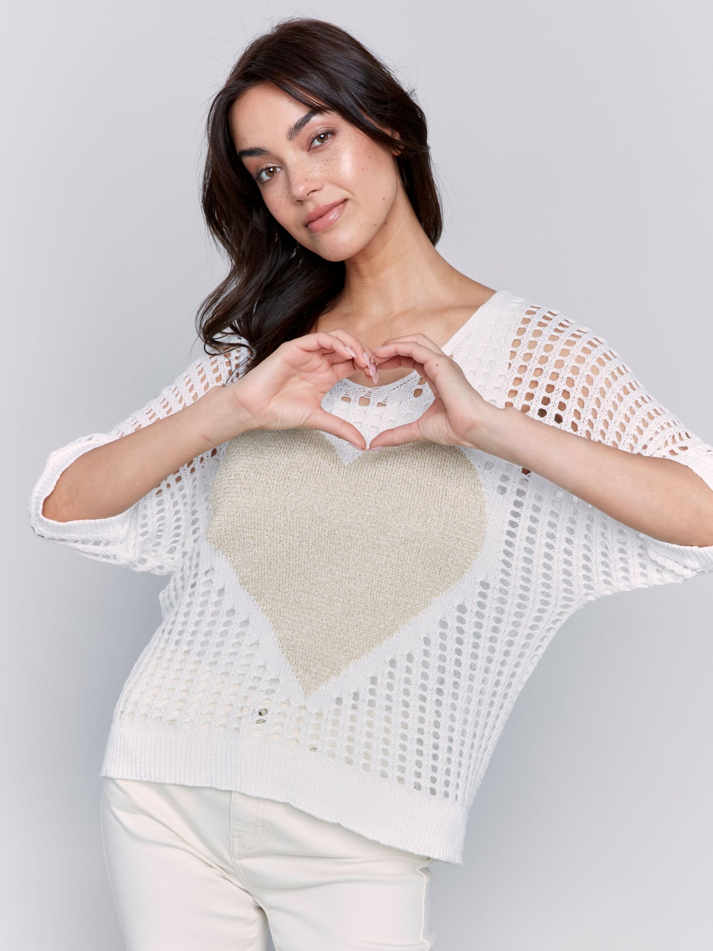 Fishnet V-Neck 3/4 Dolman Sleeve Sweater with Lurex Heart - White