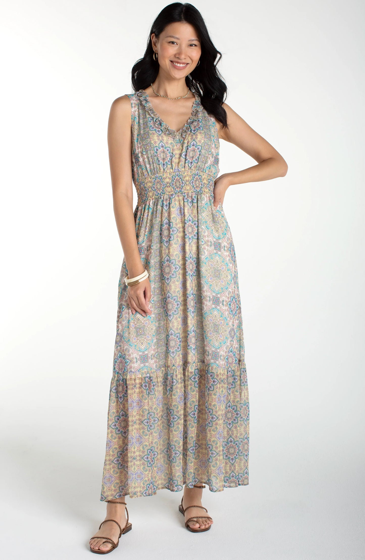 Sleeveless Smocked Waist Woven Maxi Dress - Citron Multi