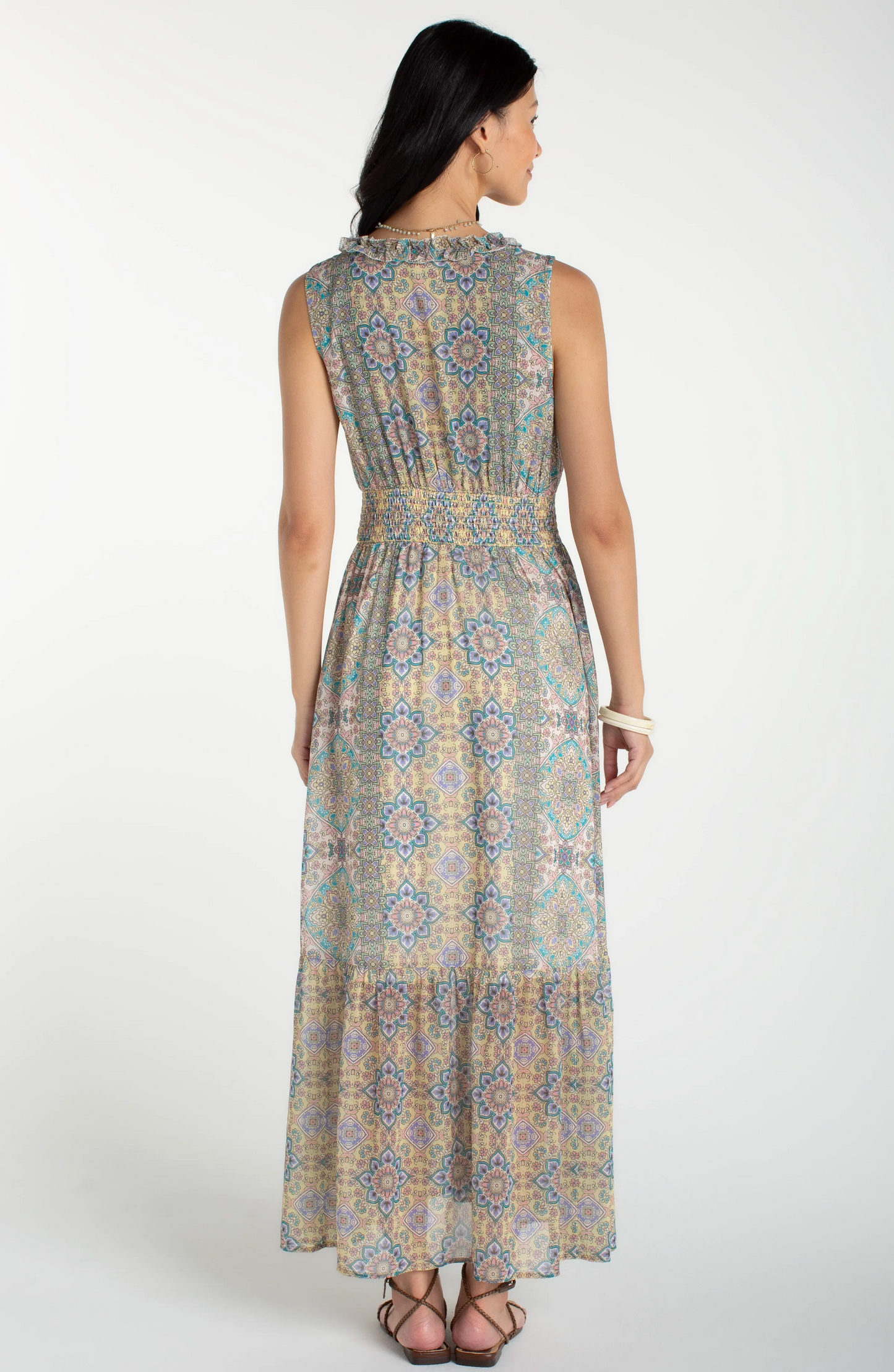 Sleeveless Smocked Waist Woven Maxi Dress - Citron Multi