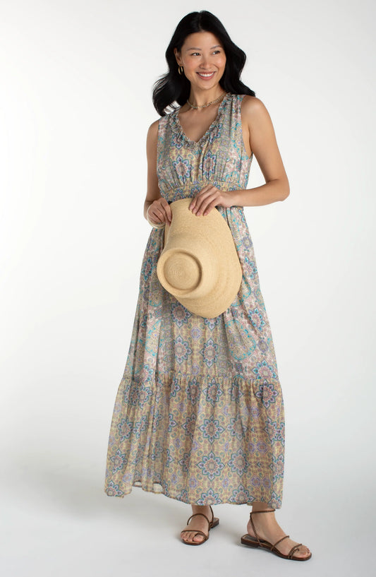 Sleeveless Smocked Waist Woven Maxi Dress - Citron Multi