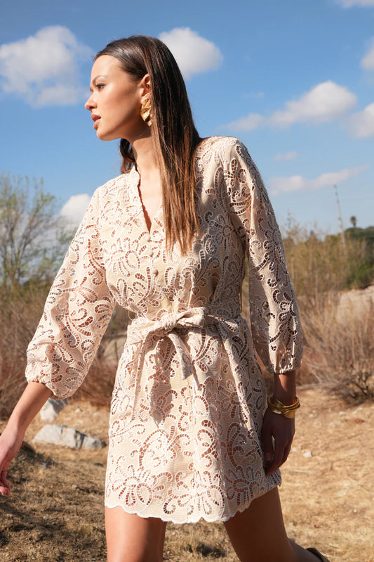 Lina Embroidered Eyelet Scalloped Belted Dress - Natural - BAY WINDOW