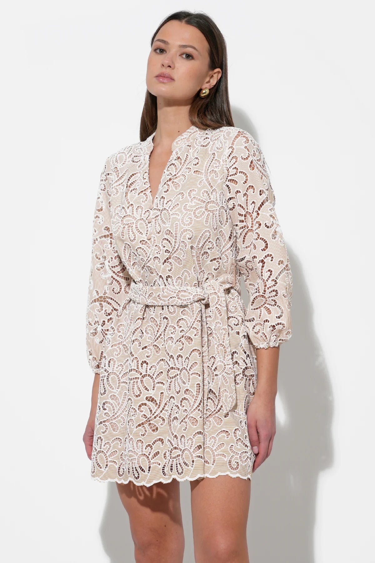 Lina Embroidered Eyelet Scalloped Belted Dress - Natural - BAY WINDOW
