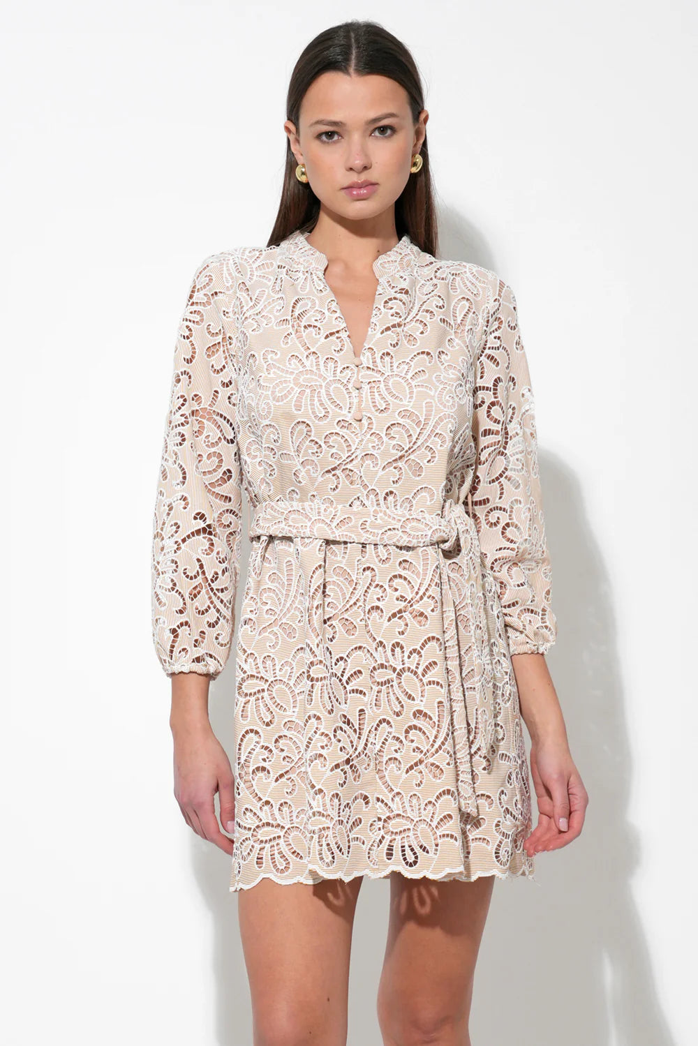 Lina Embroidered Eyelet Scalloped Belted Dress - Natural - BAY WINDOW