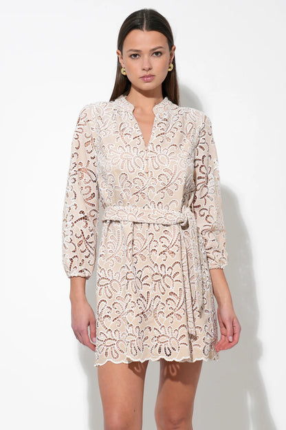 Lina Embroidered Eyelet Scalloped Belted Dress - Natural - BAY WINDOW