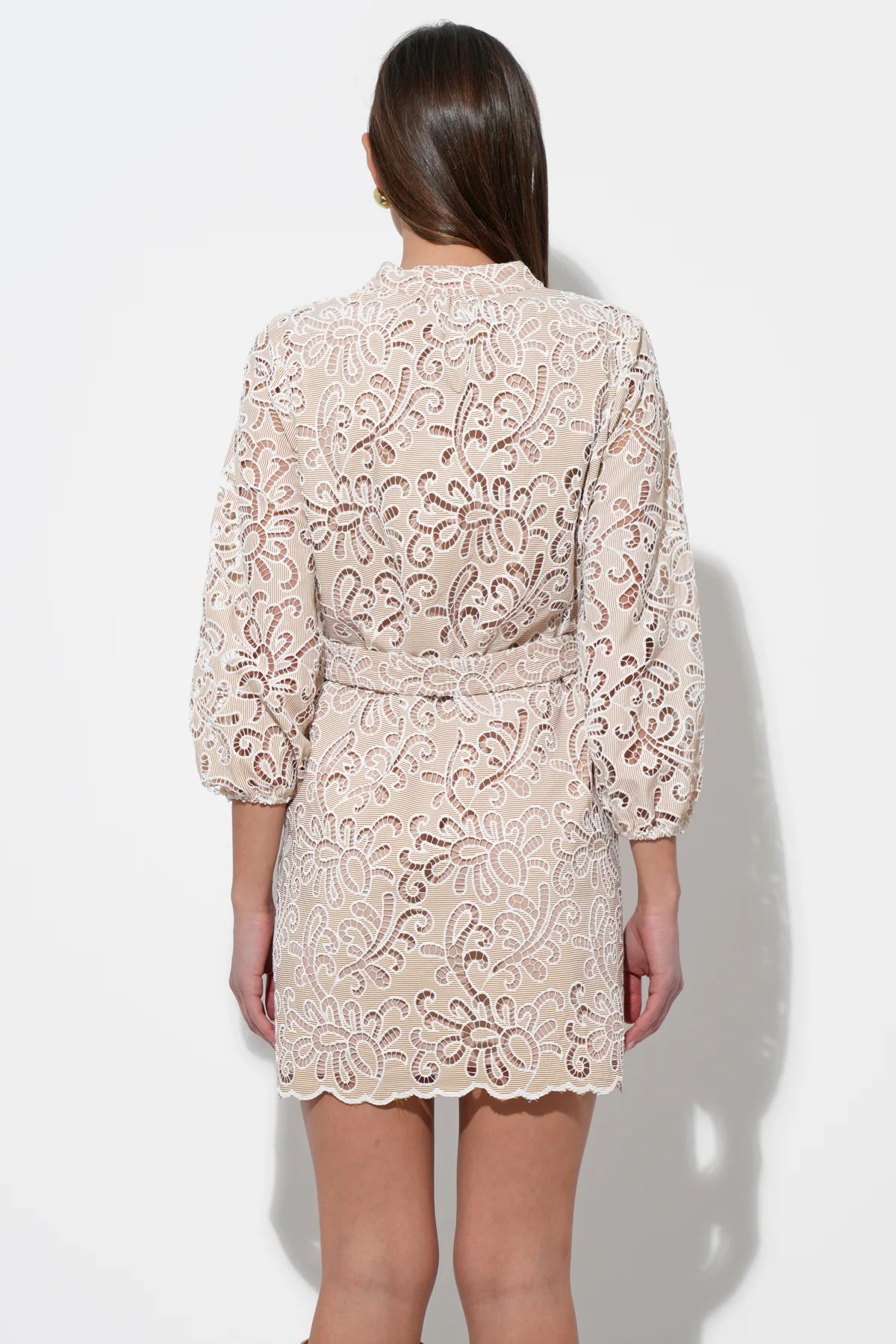 Lina Embroidered Eyelet Scalloped Belted Dress - Natural - BAY WINDOW