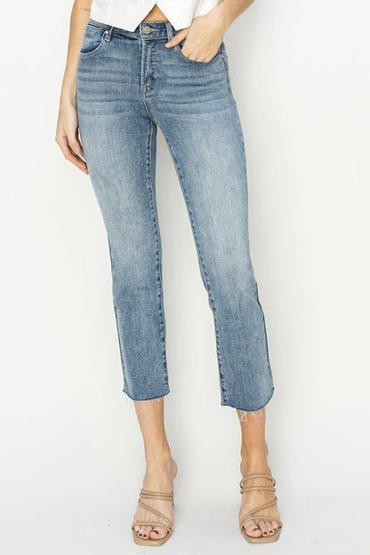 Mid Rise Crop Straight Raw-Edge Hem Jeans - Medium