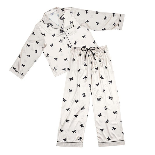 Long Sleeve Pajama Set - Ivory/Black Bow