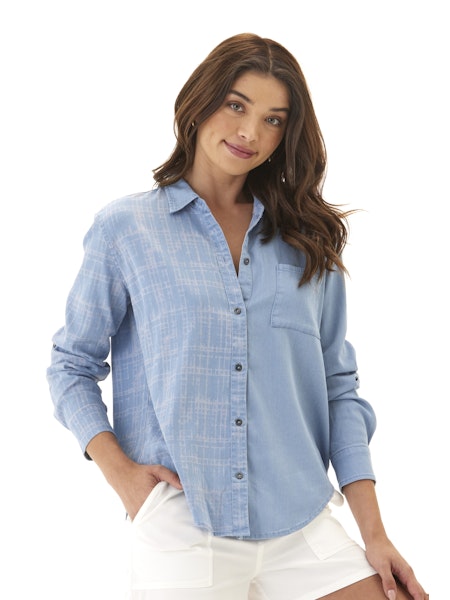 Prudence Grid Plaid Stretch Chambray Button-Down - Light Wash - BAY WINDOW
