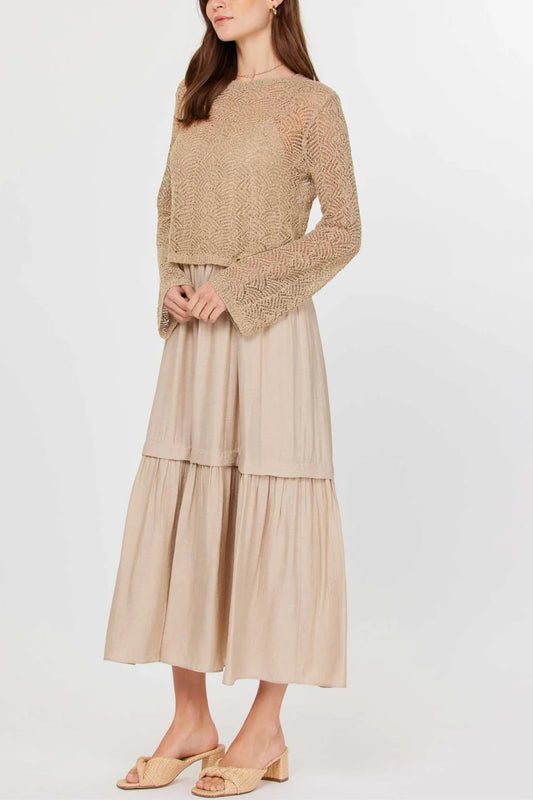 Round Neck Long Sleeve Sweater & Tiered Long Dress Set - Sand - BAY WINDOW