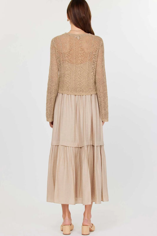 Round Neck Long Sleeve Sweater & Tiered Long Dress Set - Sand - BAY WINDOW