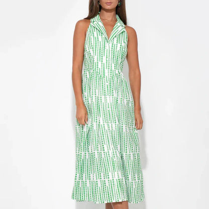 Ruby Halter Embroidery Midi Dress - White/Green