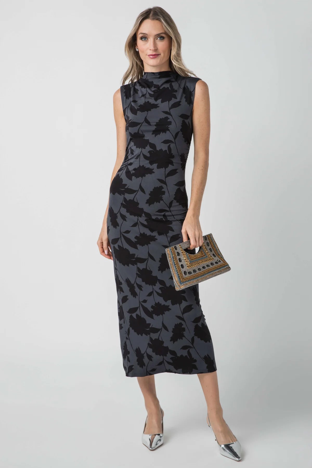 Tatum Shadow Floral Midi Dress - Black