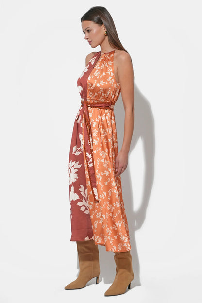 Sandi Two Toned Halter Midi Dress - Marigold/Brown - BAY WINDOW