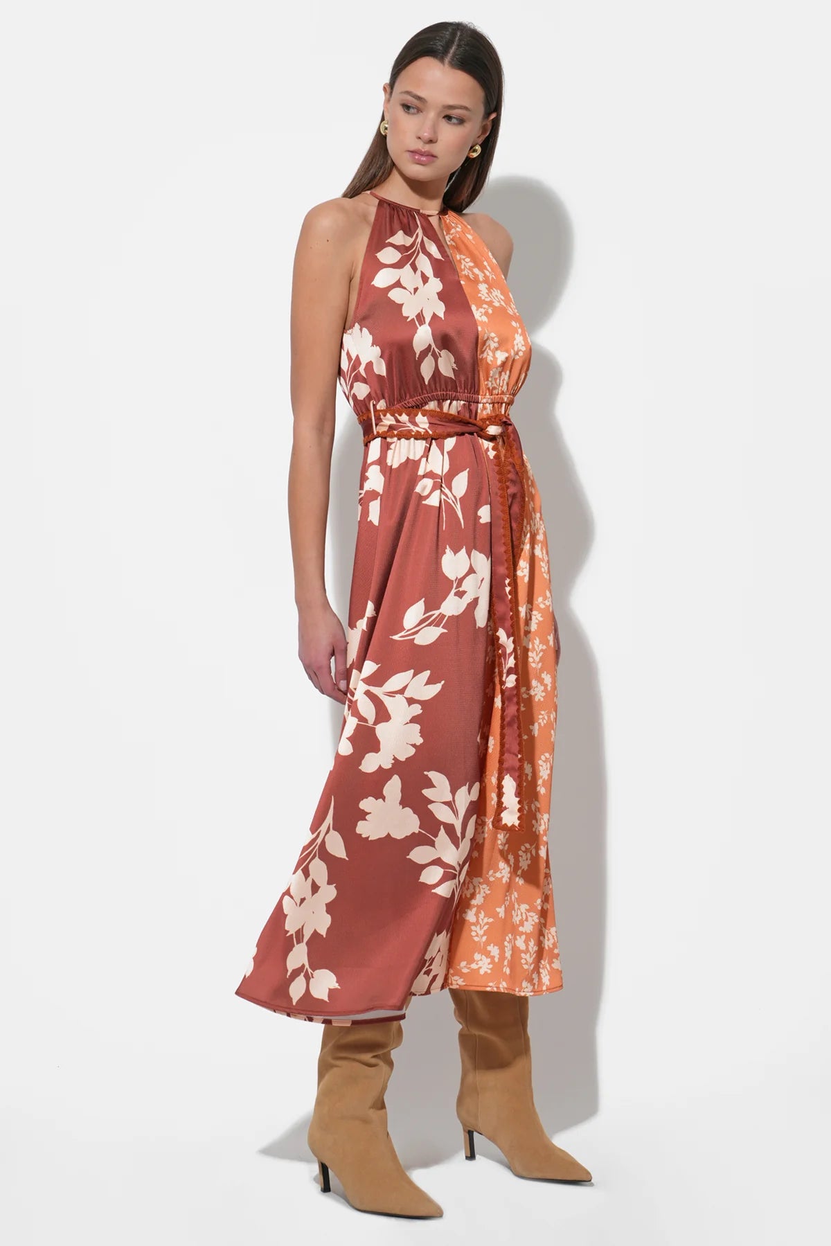 Sandi Two Toned Halter Midi Dress - Marigold/Brown - BAY WINDOW