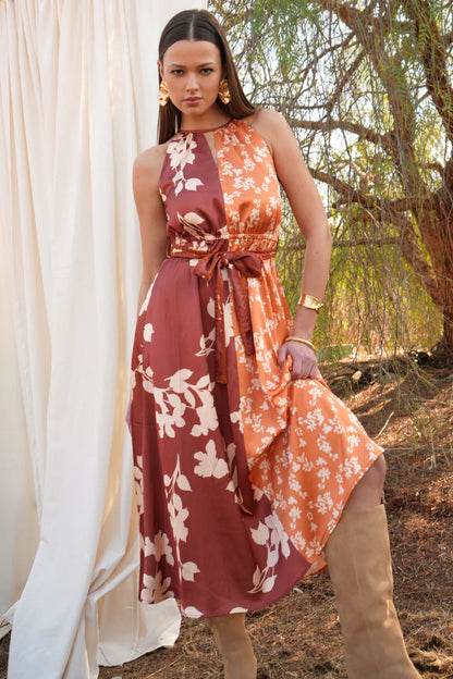 Sandi Two Toned Halter Midi Dress - Marigold/Brown - BAY WINDOW