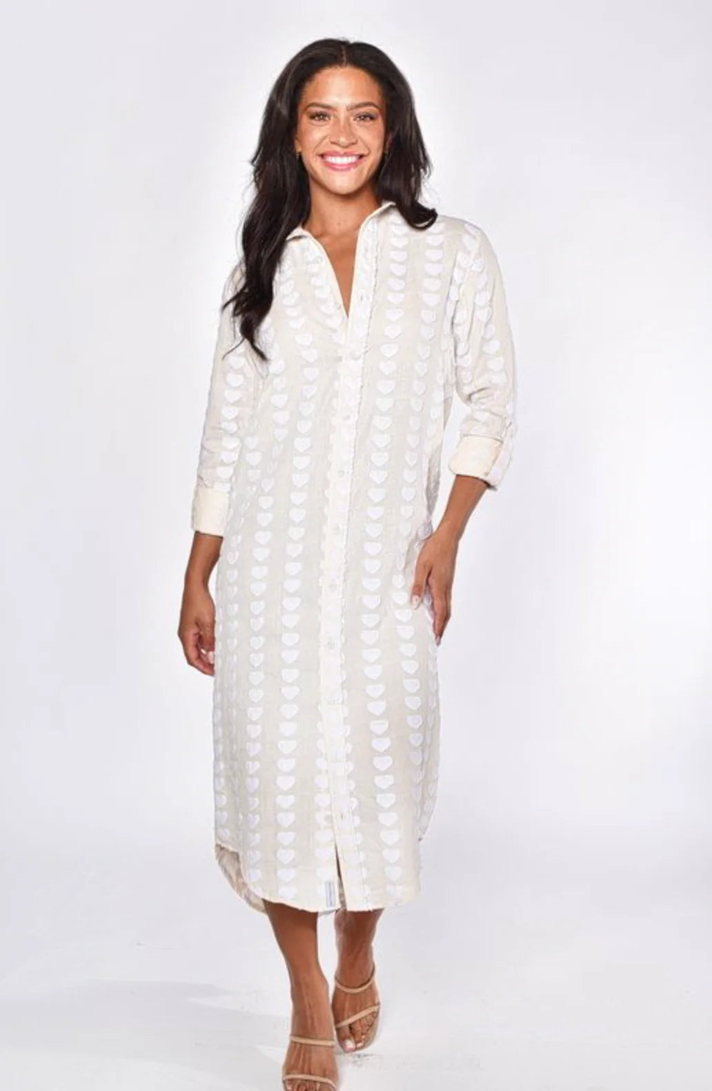 Cream and White Hearts Girlfriend Midi Dress