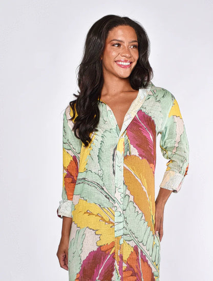 Yellow Leaf Midi Dress - Pink/Yellow