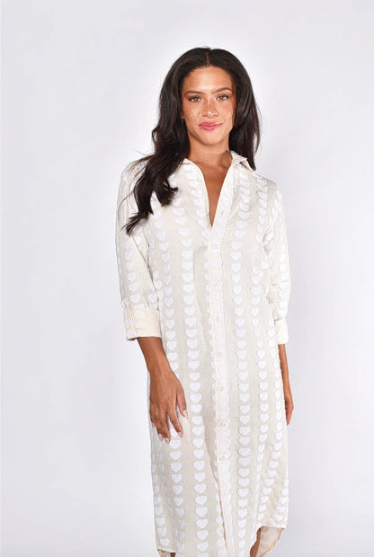 Cream and White Hearts Girlfriend Midi Dress