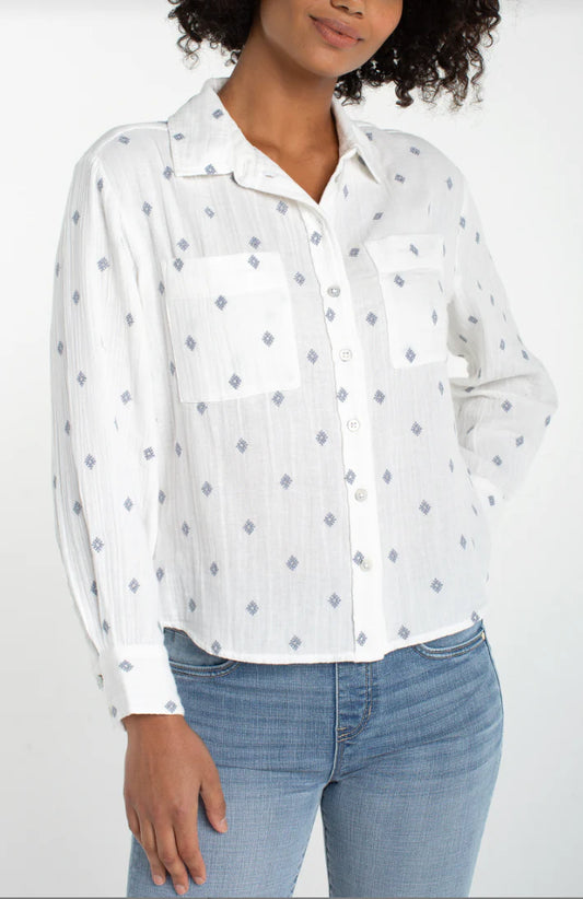Long Sleeve Button Front Shirt w/ High Low Hem - Off-White