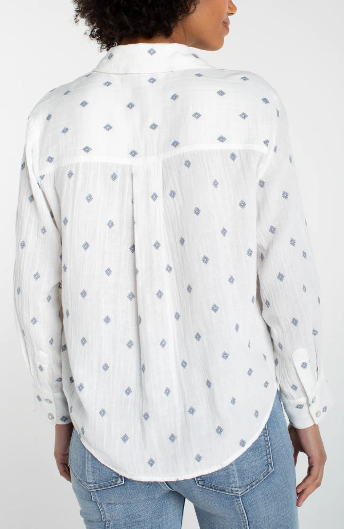 Long Sleeve Button Front Shirt w/ High Low Hem - Off-White