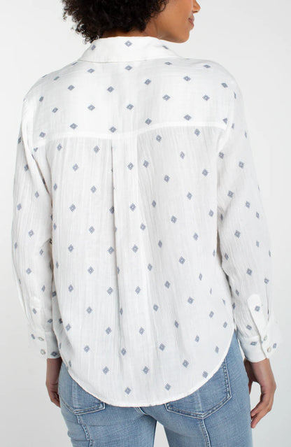 Long Sleeve Button Front Shirt w/ High Low Hem - Off-White