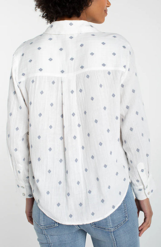 Long Sleeve Button Front Shirt w/ High Low Hem - Off-White