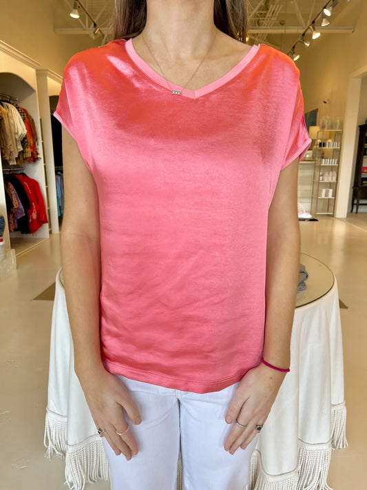 Short Sleeves V Neck Satin Jersey Knit - Watermelon